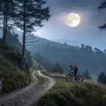 personne faisant du VTT de nuit à la pleine lune sur un chemin en Auvergne